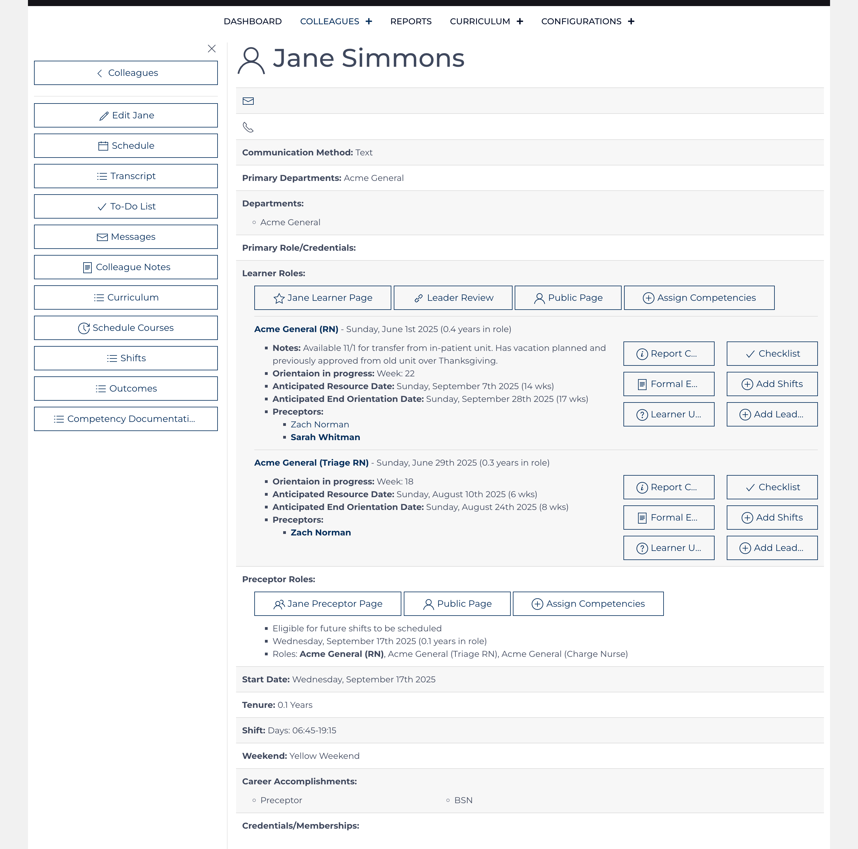 Colleague record displays / links to data related to the learning and instruction provided by this colleague.