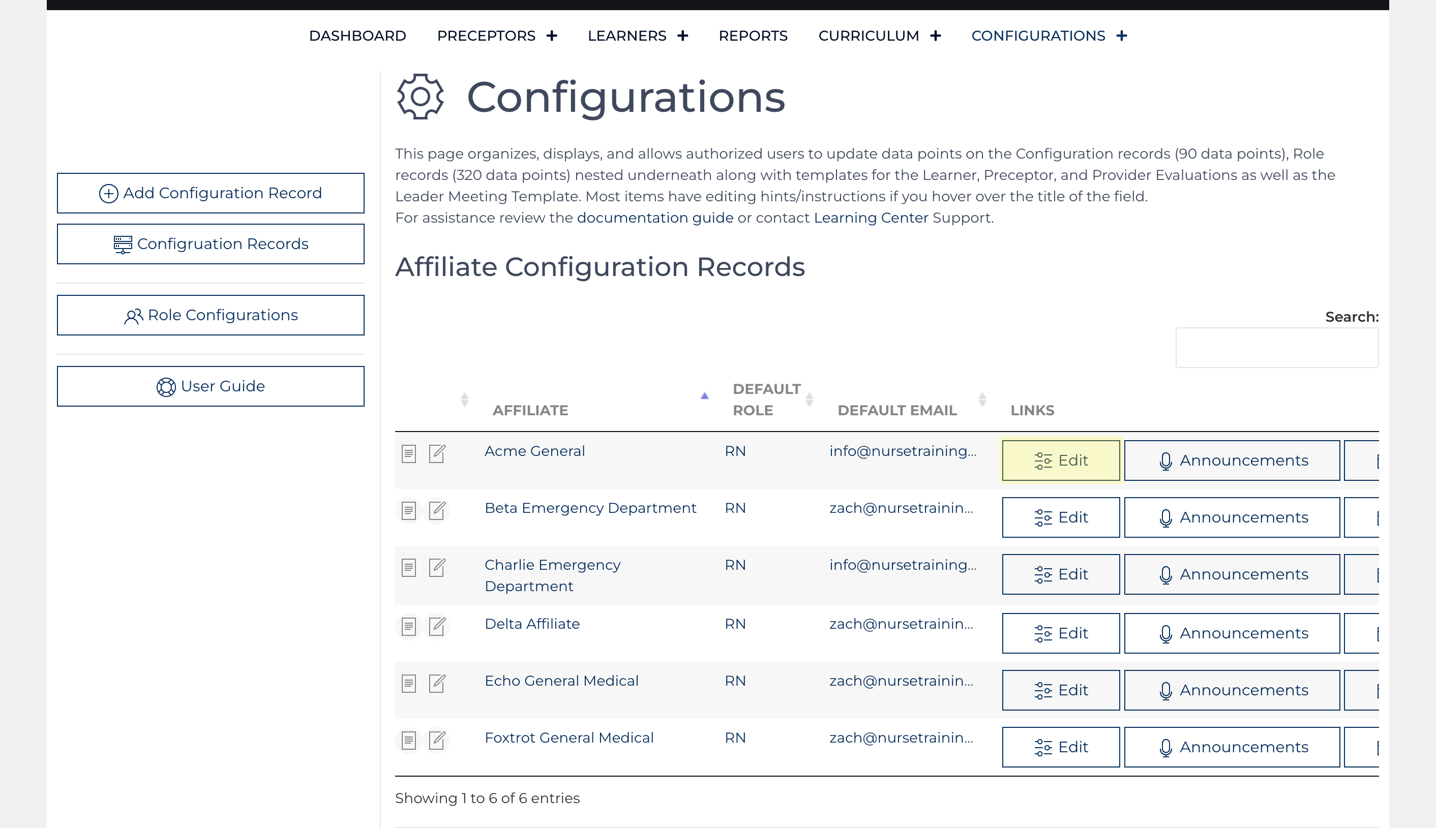 Edit the Configuration record for the desired affiliate by clicking the Edit link highlighted in yellow