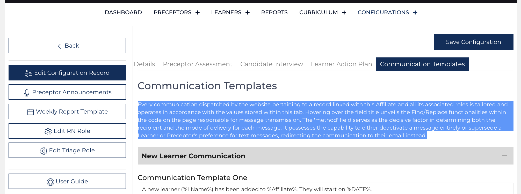 Communication Templates Tab