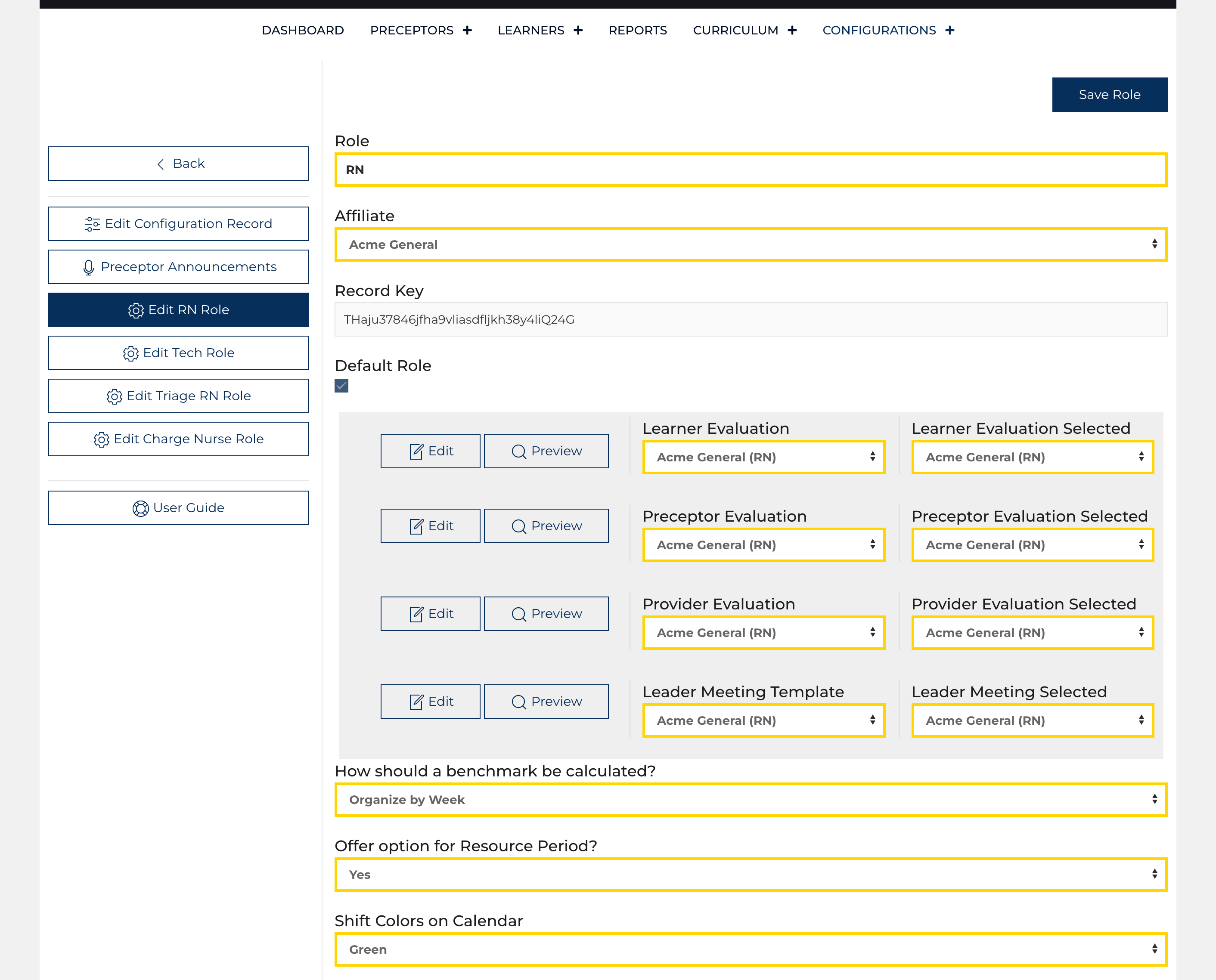 Role Configuration Screen