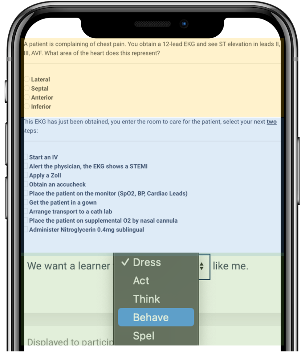 Example Multiple Choice, Select all that Apply, Dropdown Questions