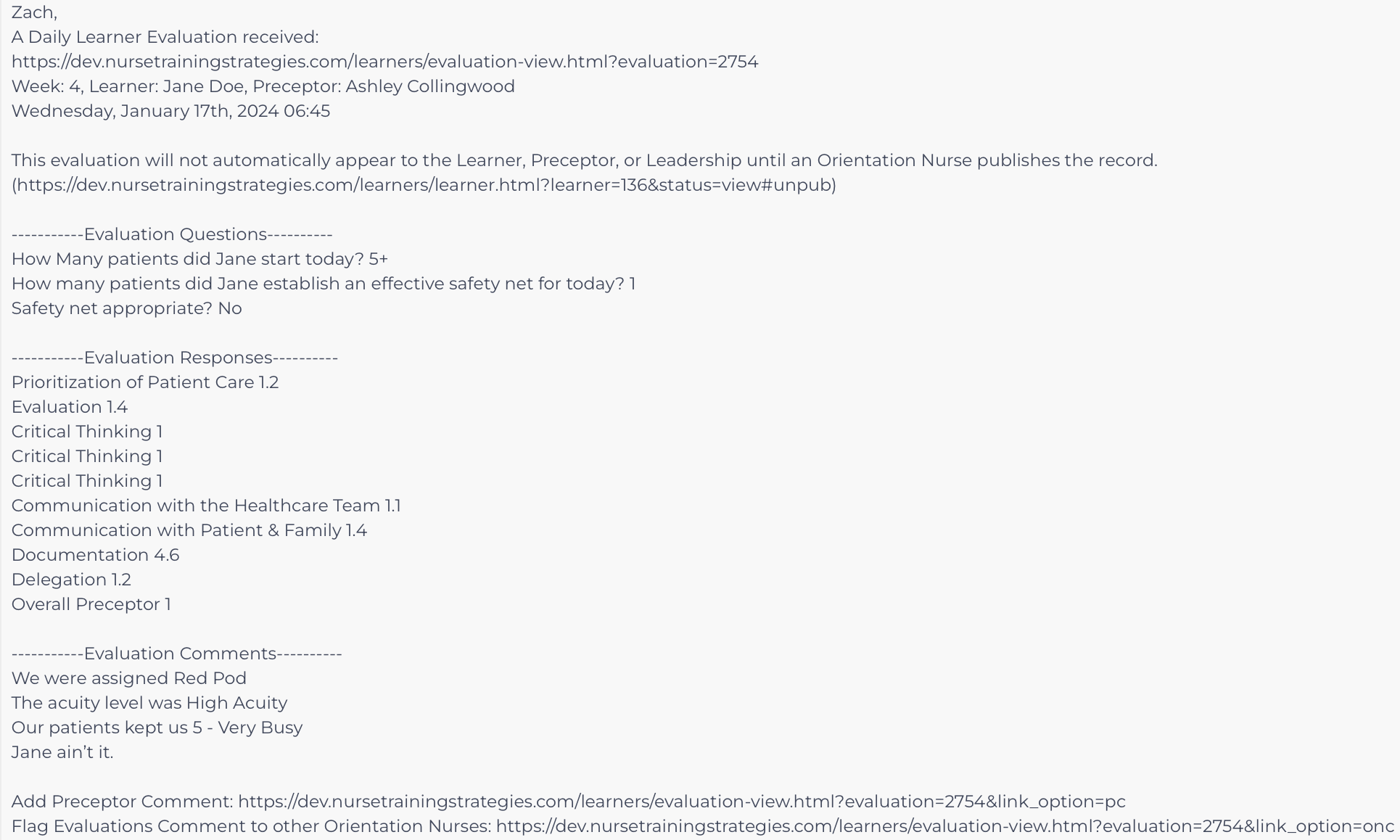 learner evaluation message