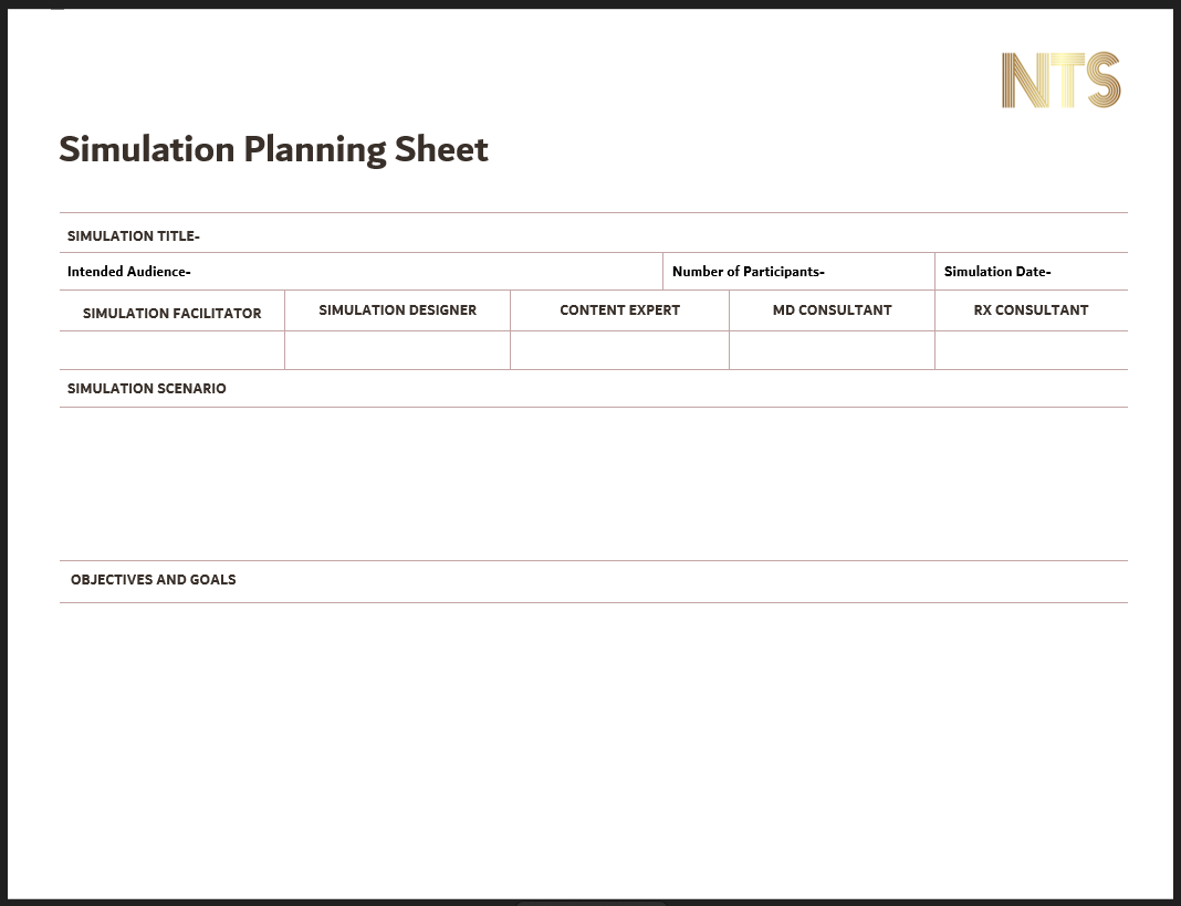 Simulation Planning Sheet page 1